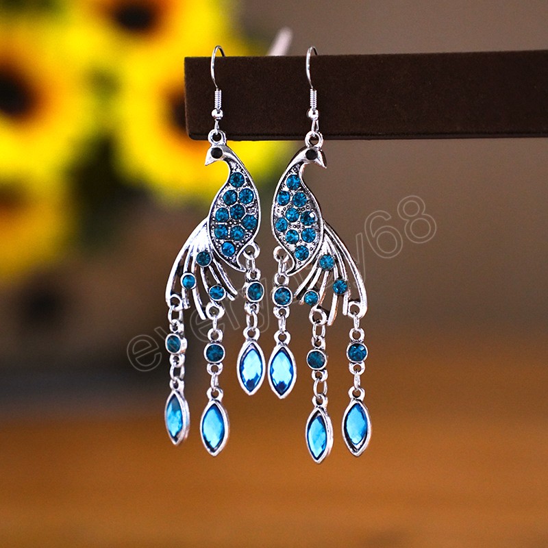 Ethnic Long Rhinestone Peacock Earrings for Women Vintage Simple Silver Color Animal Earring Party Casual Vacation Jewelry