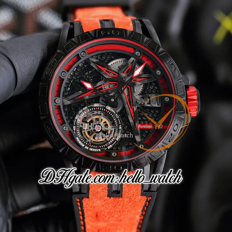 Ny 45mm RDDBEX0479 RDDBEX0546 AUTOMATISK MÄNS WATCH SKELETON DIAL TOURBILLON PVD Black Steel Case Red Inner Rubber Strap Watches Hwrd Hello_Watch G09B 8