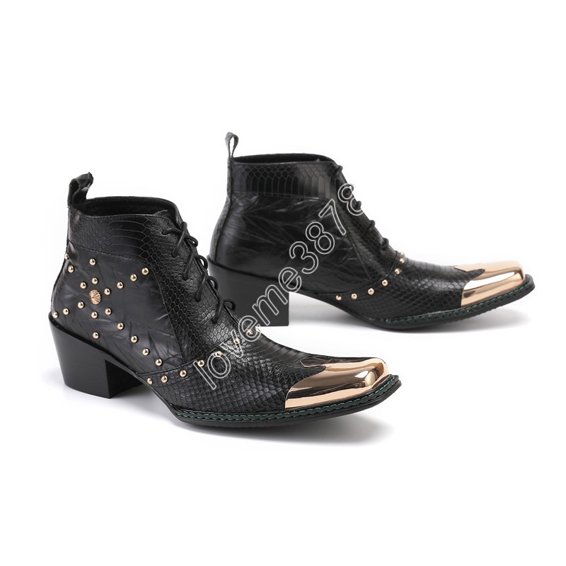 Christia Bella Punk Stil Nieten Männer Stiefeletten Echtes Leder Schnüren Kurze Stiefel Große Größe Motorrad Cowboy Stiefel Kleid Schuh