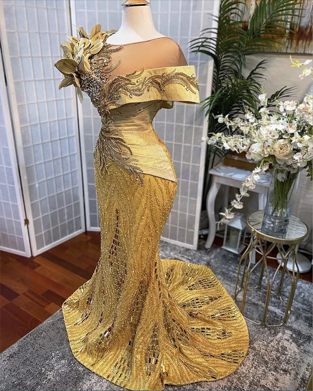 2023 Plus Size Árabe Aso Ebi Gold Vestidos de Baile Brilhantes Luxuosos Cristais Frisados Elegante Noite Formal Festa Segunda Vestidos de Recepção Vestido