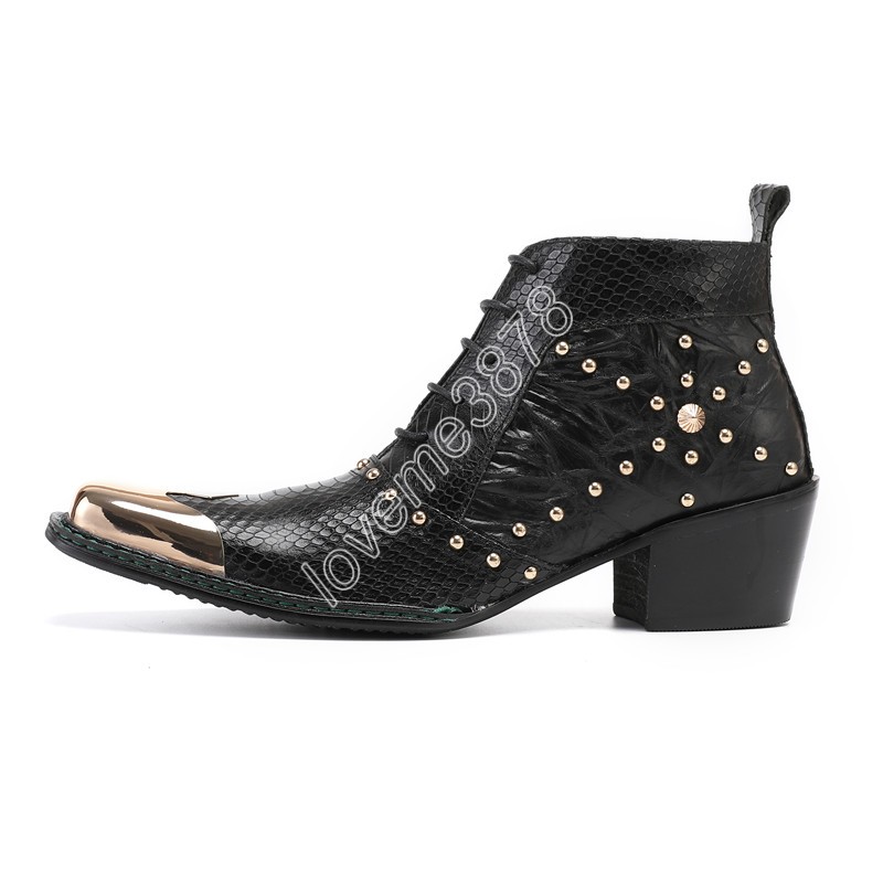 Christia Bella Punk Stil Nieten Männer Stiefeletten Echtes Leder Schnüren Kurze Stiefel Große Größe Motorrad Cowboy Stiefel Kleid Schuh