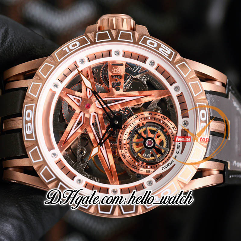 New 45mm RDDBEX0479 RDDBEX0963 Automatic Mens Watch Skeleton Dial Tourbillon Rose Gold Case White Inner Gray Leather Strap Watches HWRD Hello_Watch G09A 1