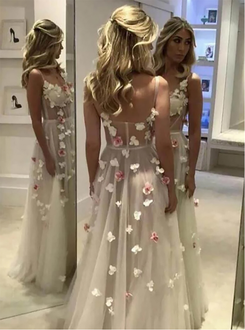 Eleganti fiori 3D Abiti lunghi da ballo con spalline in tulle Abiti da sera da donna Abito da principessa aperto sul retro