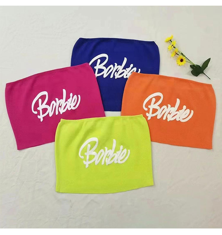 Neues Design für Damen in Bonbon-Neonfarben mit Buchstaben-Aufdruck, trägerloses, sexy, süßes Bustier-Crop-Top, Tanktops, Camis