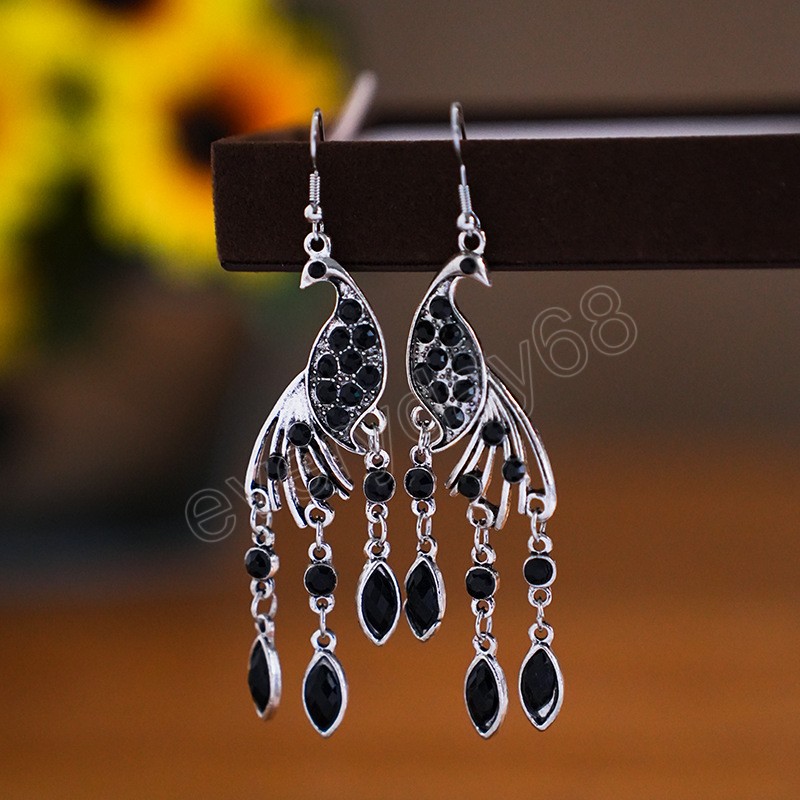 Ethnic Long Rhinestone Peacock Earrings for Women Vintage Simple Silver Color Animal Earring Party Casual Vacation Jewelry