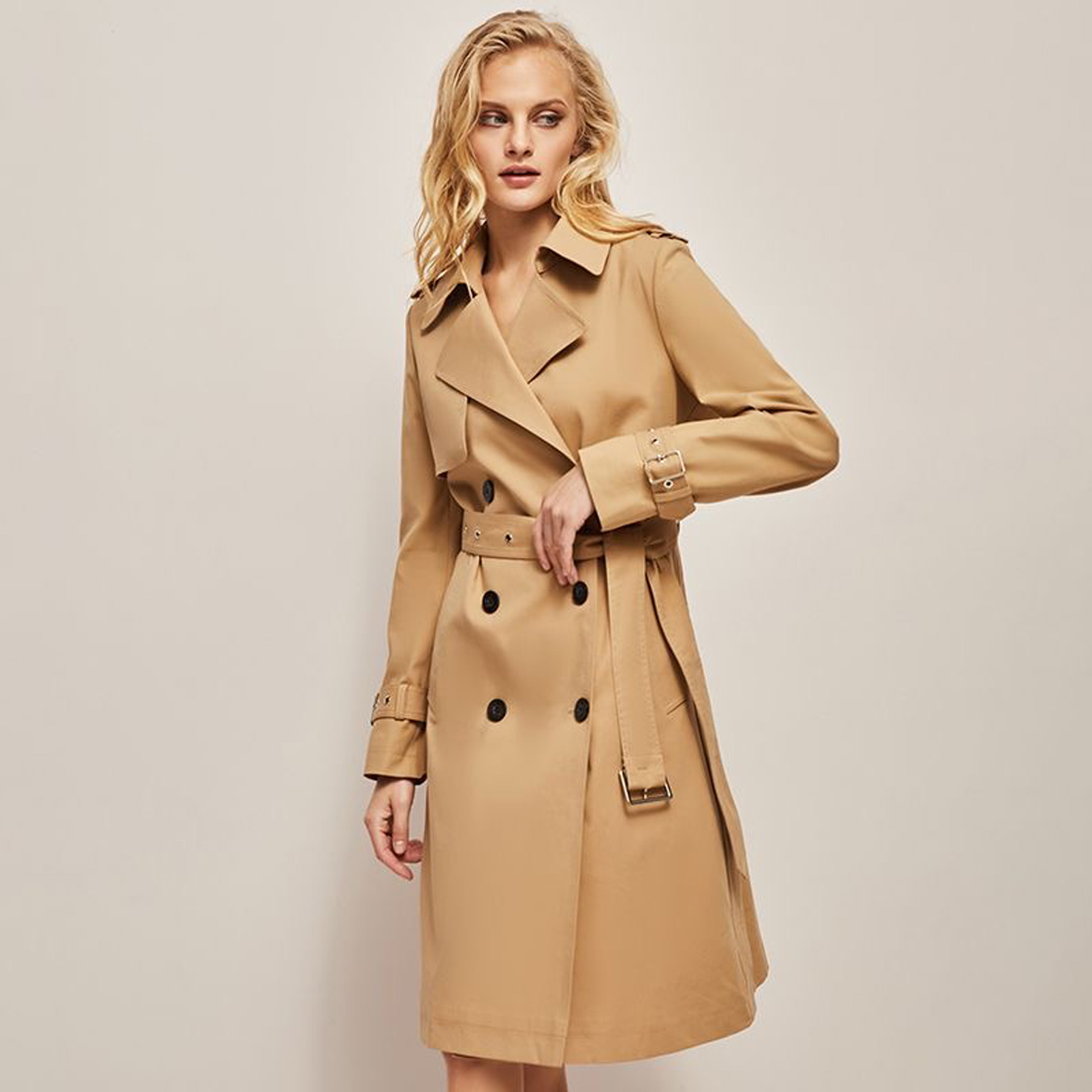 Designer Luxury Womens Double Breasted Long Trench Coat Belted Lapel Overcoat Windproof Classic Outerwear