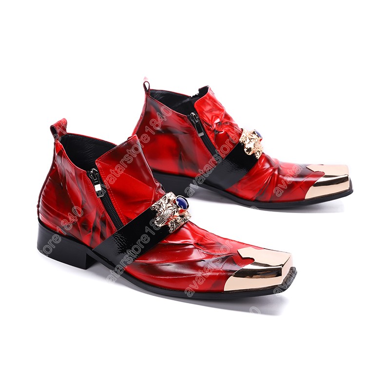 Christia Bella British Red Party CelebrationMen Ankle Boots Square Toe Metal Decoration Real Leather Bootsフォーマルドレスシューズ