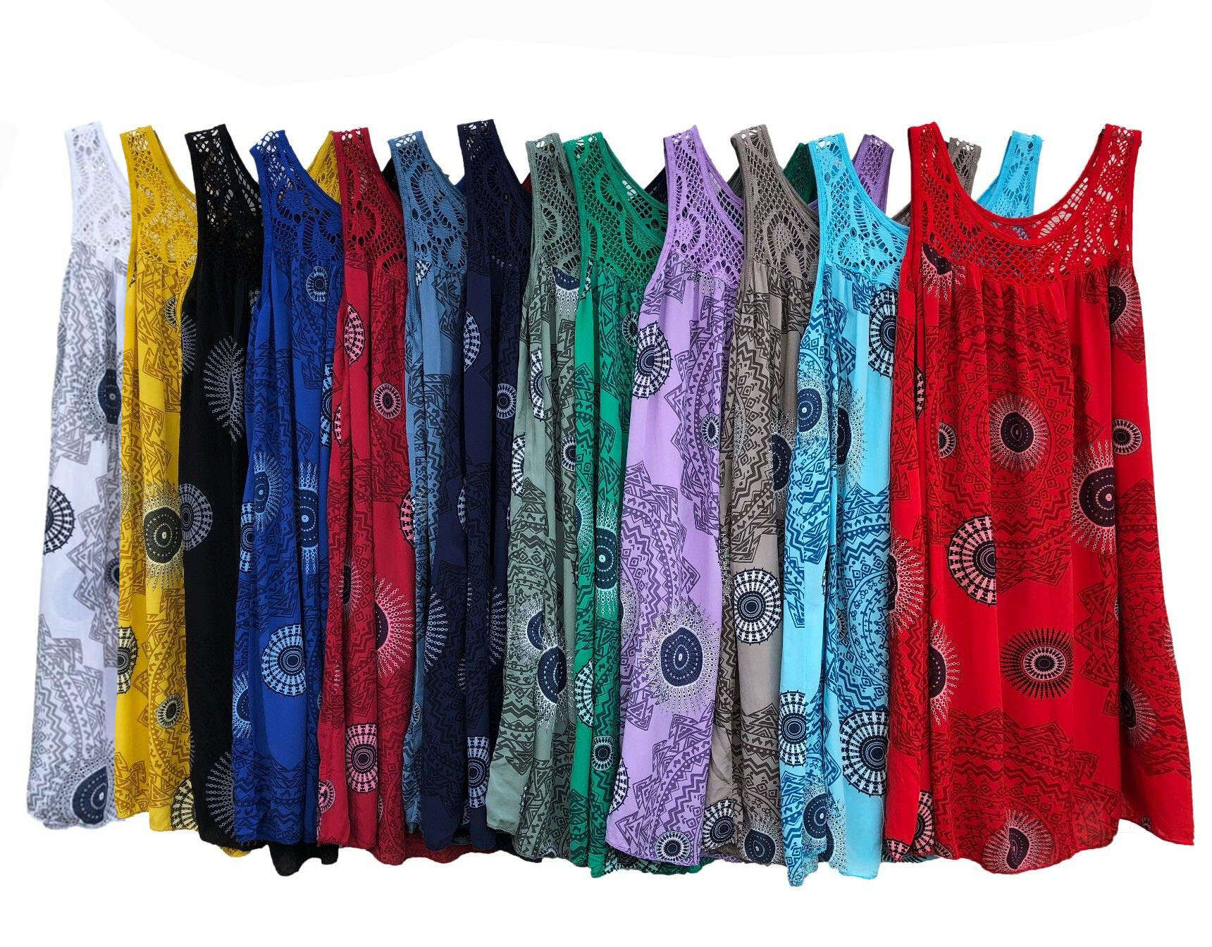 Sälj kvinnor ärmlös tryck runt krage lace spetsklänning