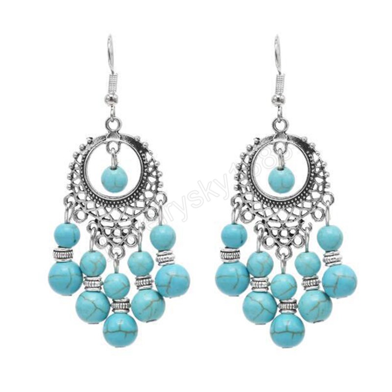 Vintage Ethnique Bleu Rouge Perles Gland Boucles D'oreilles pour les Femmes Boho À La Main Argent Couleur Creux Dangle Boucle D'oreille Bijoux