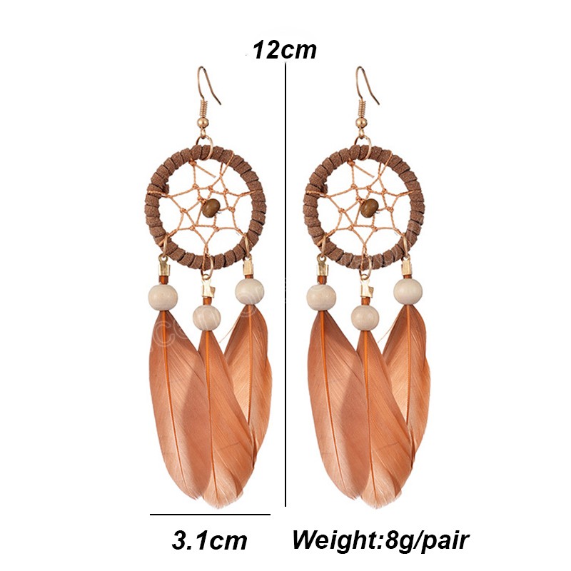 Vintage Bohemian Dream Catcher Wood Bead Feather Earrings for Women Ethnic Long Colorful Dangle Earrings Casual Vacation Jewelry