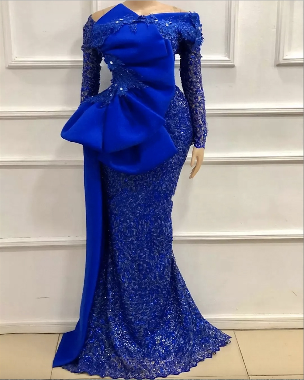 Elegant African Mermaid Evening Dresses with Glittering Sequins, Long Sleeves, Big Bow, Satin Peplum, Prom Party Gowns, Plus Size, Arabic Aso Ebi, Women`s Vestidos De Festa, AL971