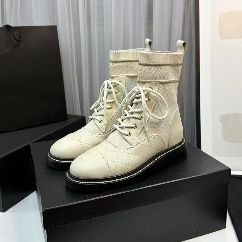 2023 Designer Luxe Martin Socks Boots Dames echte lederen bovenste meerdere kleuren gebreide elastische slang laars dame mode lage hakken comfortschoenen maten 35-40