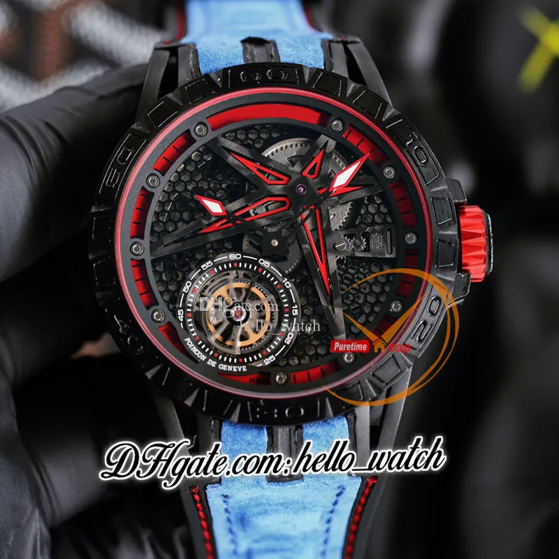 Ny 45mm RDDBEX0479 RDDBEX0546 AUTOMATISK MÄNS WATCH SKELETON DIAL TOURBILLON PVD Black Steel Case Red Inner Rubber Strap Watches Hwrd Hello_Watch G09B 8