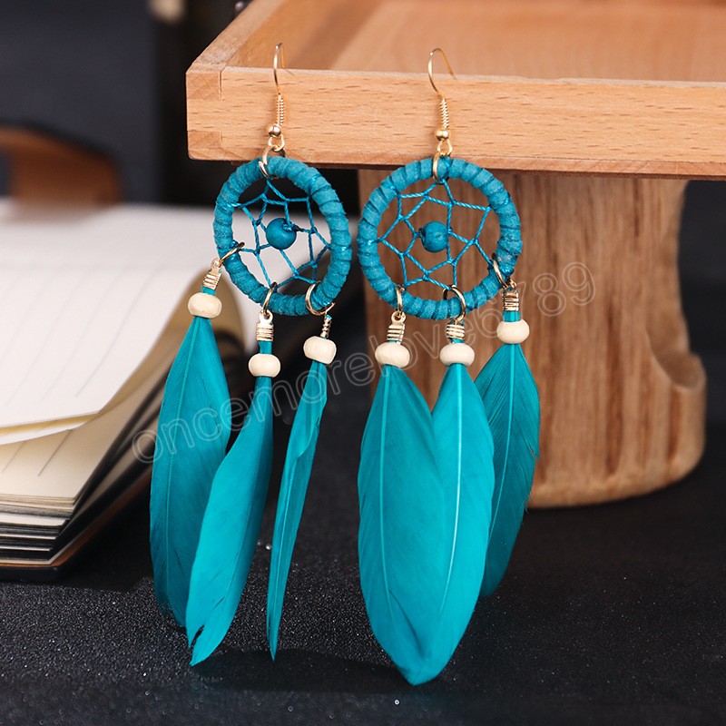 Vintage Bohemian Dream Catcher Wood Bead Feather Earrings for Women Ethnic Long Colorful Dangle Earrings Casual Vacation Jewelry