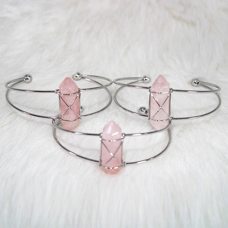 Hexagonal Point Crystal Bracelet Handmade Silver Full Wire Wrapped Amethyst Rose Quartz Adjustable Cuff Bangles