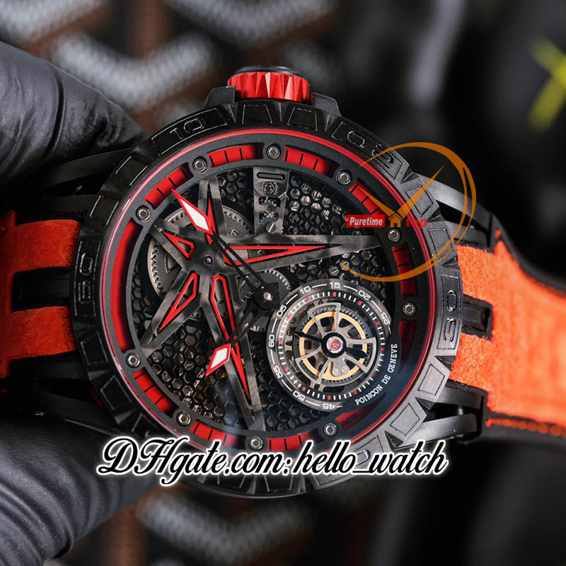 Ny 45mm RDDBEX0479 RDDBEX0546 AUTOMATISK MÄNS WATCH SKELETON DIAL TOURBILLON PVD Black Steel Case Red Inner Rubber Strap Watches Hwrd Hello_Watch G09B 8
