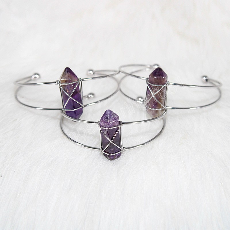 Hexagonal Point Crystal Bracelet Handmade Silver Full Wire Wrapped Amethyst Rose Quartz Adjustable Cuff Bangles