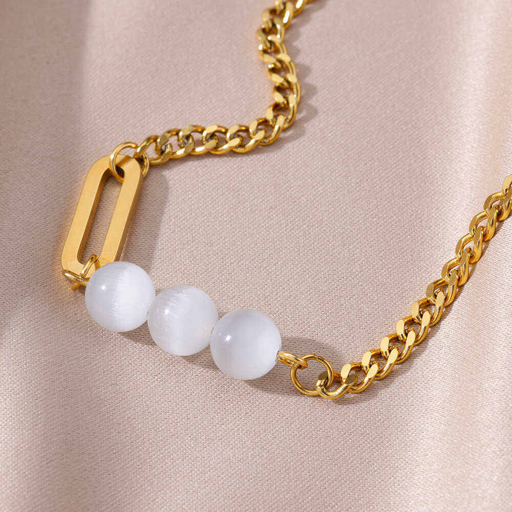 White Opal Ball Charm Anklets for Women Gold Color Stainless Steel Cuban Chain Ankle Bracelet Female Foot Jewelry 230719