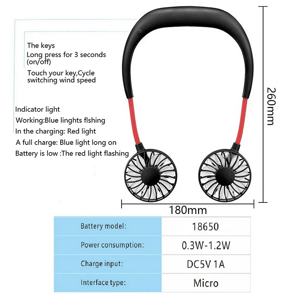 Kaza wisząca wisząca szyja chłodzenie podwójnie wentylator za darmo mini przenośne ładowane leniwe elastyczne klimatyzator USB do noszenia chłodnica 3 prędkość 360 Osobisty zimny silny wiatr