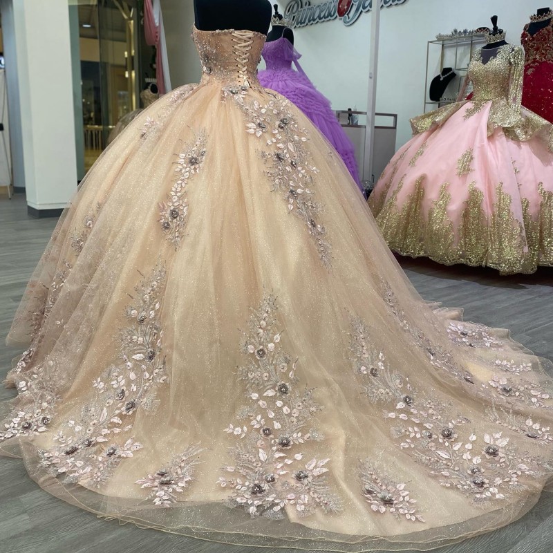 Champagner, schulterfrei, mit Spitze und Blumenapplikation, Quinceanera-Kleider, Ballkleid, Tüll, Festzug, Abschlussball, Party, Süße 15-16