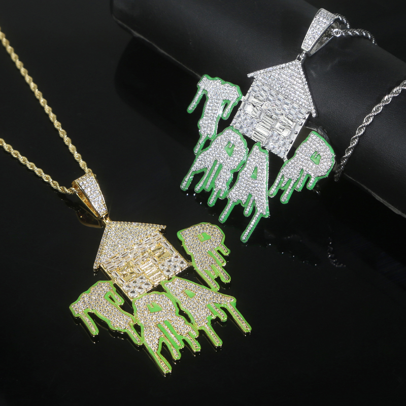 New designer house shape TRAP letter luminous Charm pendant Necklace Hip hop Women men full paved 5A CZ Party gift jewelry