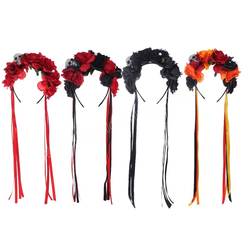 Corone di fiori Goth Fasce capelli Cerchietto capelli alla moda Simulazione Fascia capelli rosa Fiore con nappa lunga le donne Accessori capelli di Halloween