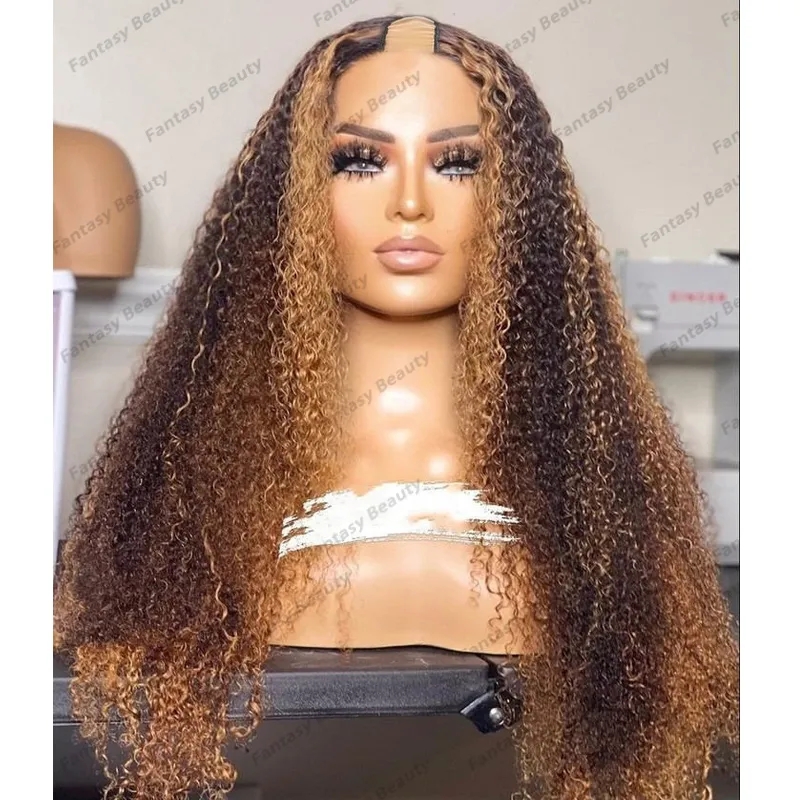 Afo Kinky Curly Highlight Balayage Cabelo Humano Loiro 1x4 U Parte Perucas para Mulheres Negras 200 Densidade Ajustável V Parte Perucas Pontas Completas