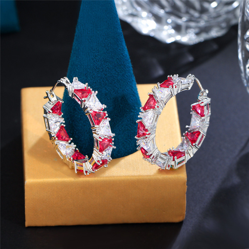 Charm Designer Hoop Earring for Woman Party Red Triangle AAA Cubic Zirconia Diamond Silver Bridal Luxury Wedding Earrings Jewelry Gift