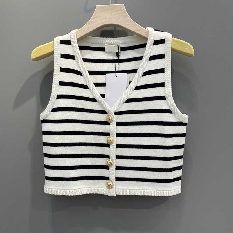 Stripe Small V-Neck Wool Button Tank Top Summer New Black and White Contrast Slim Knit Top for Women