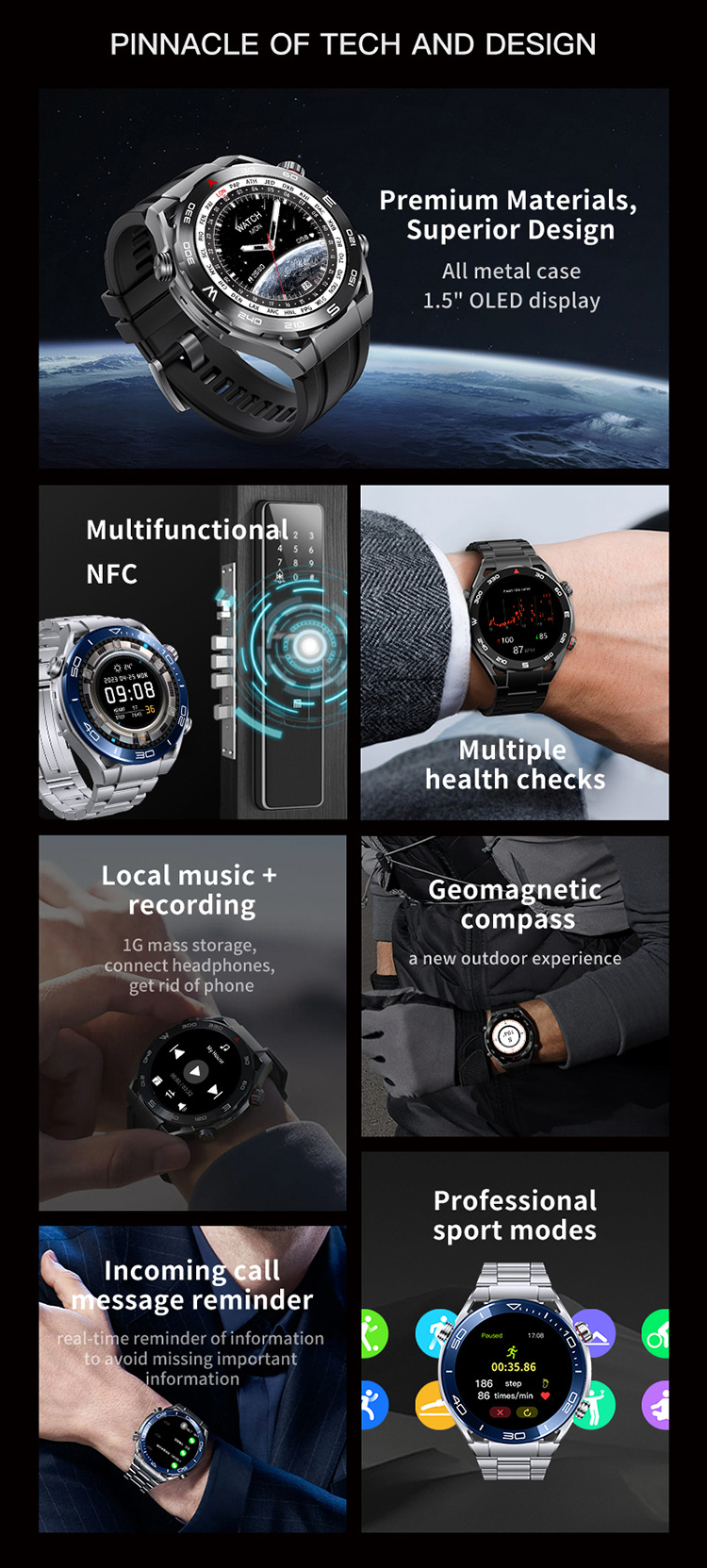 MT15S Smart Watch Ultimate Men NFC Bluetooth Call Voice Assistant Compass Bracelet معدل ضربات القلب في الهواء الطلق في الساعة الذكية