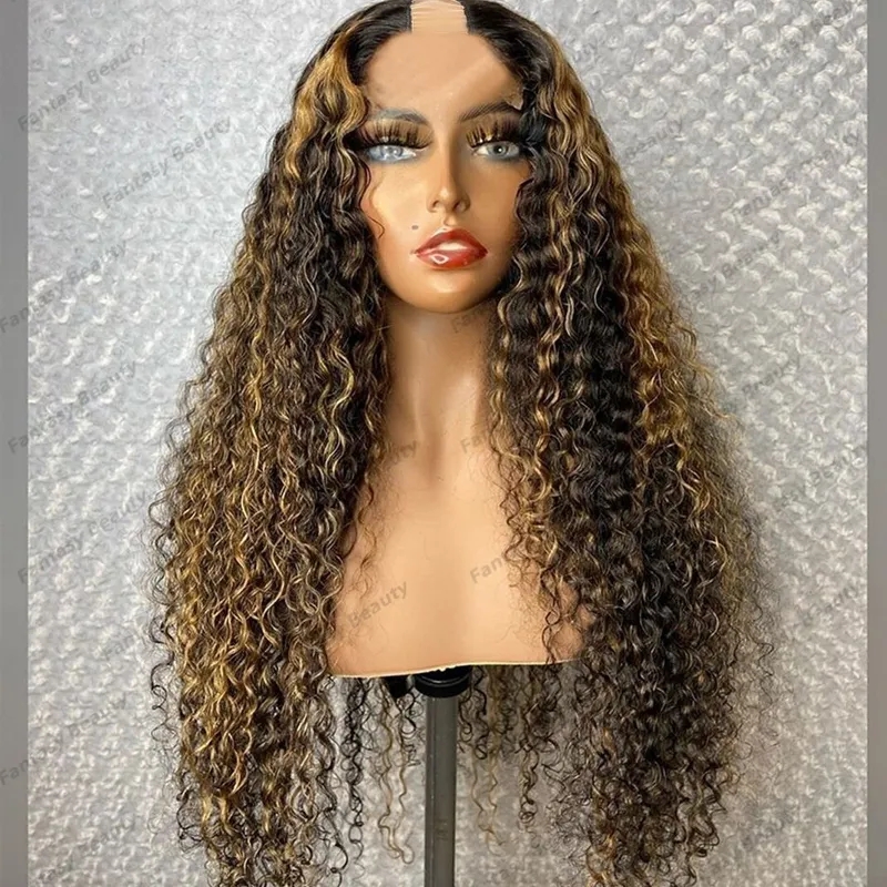 Long Water Curly 100% Virgin Human Hair Adjustable U Part Wigs for Black Women Highlight Brown Blonde Long Soft 1x4 V Part Wigs