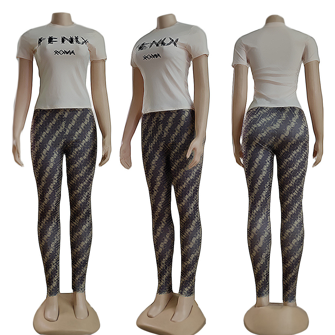 Women Two Piece Pants Outfits Casual Letter Print Crew Neck T-shirt and Trousers Set Free Ship