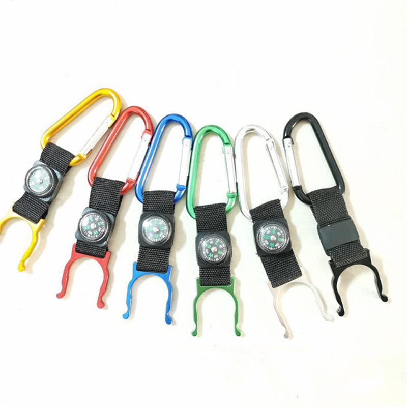 Heißer verkauf Locking Karabiner Clip Wasser Flasche Schnalle Halter Camping Snap Haken clip Mit kompass-auf Aluminium Legierung Clip auf JL1762