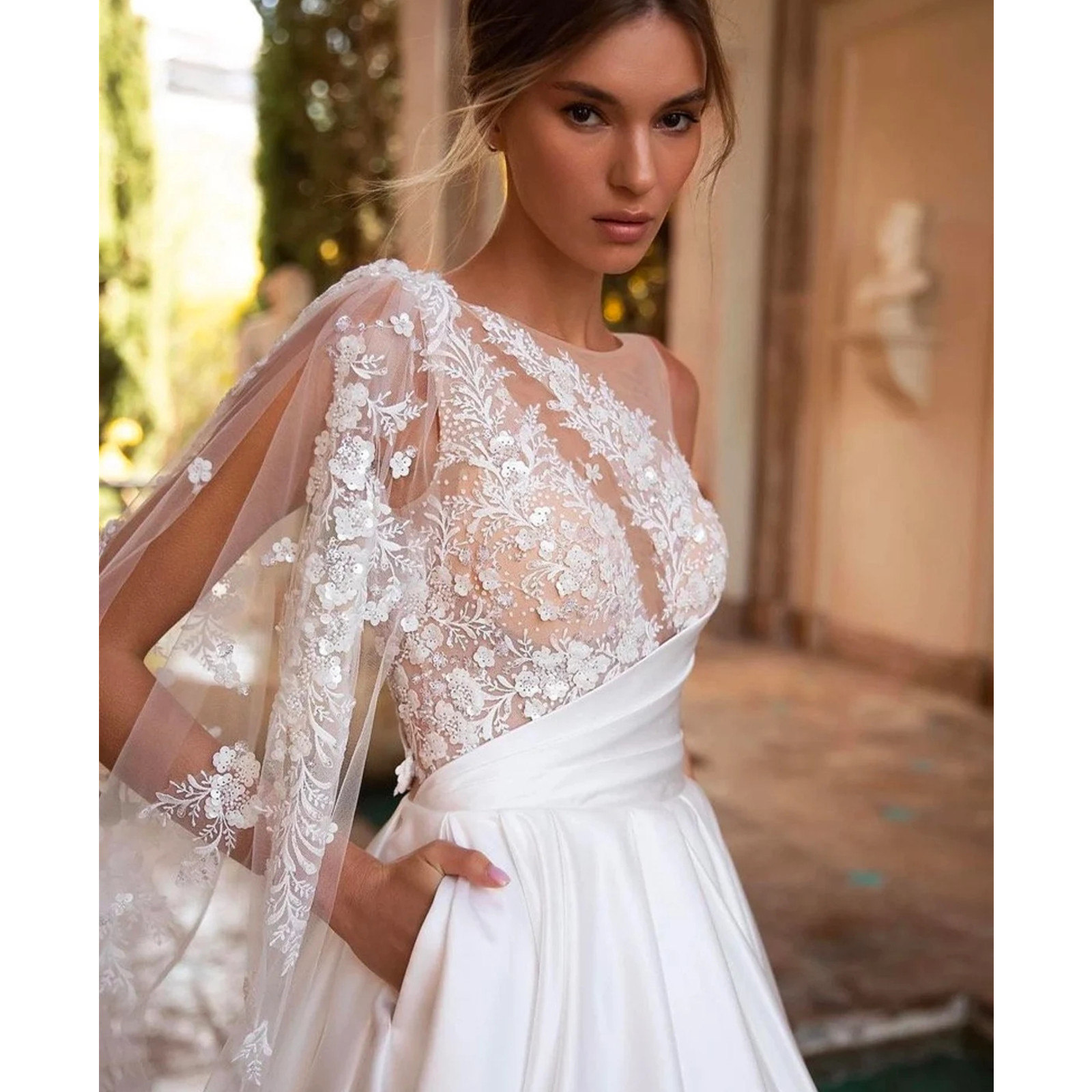 Simple Satin Beach A Line Wedding Dresses With Wrap scoop Neck Sleeveless Backless lace Appliques Bridal Gowns Boho Reception Party