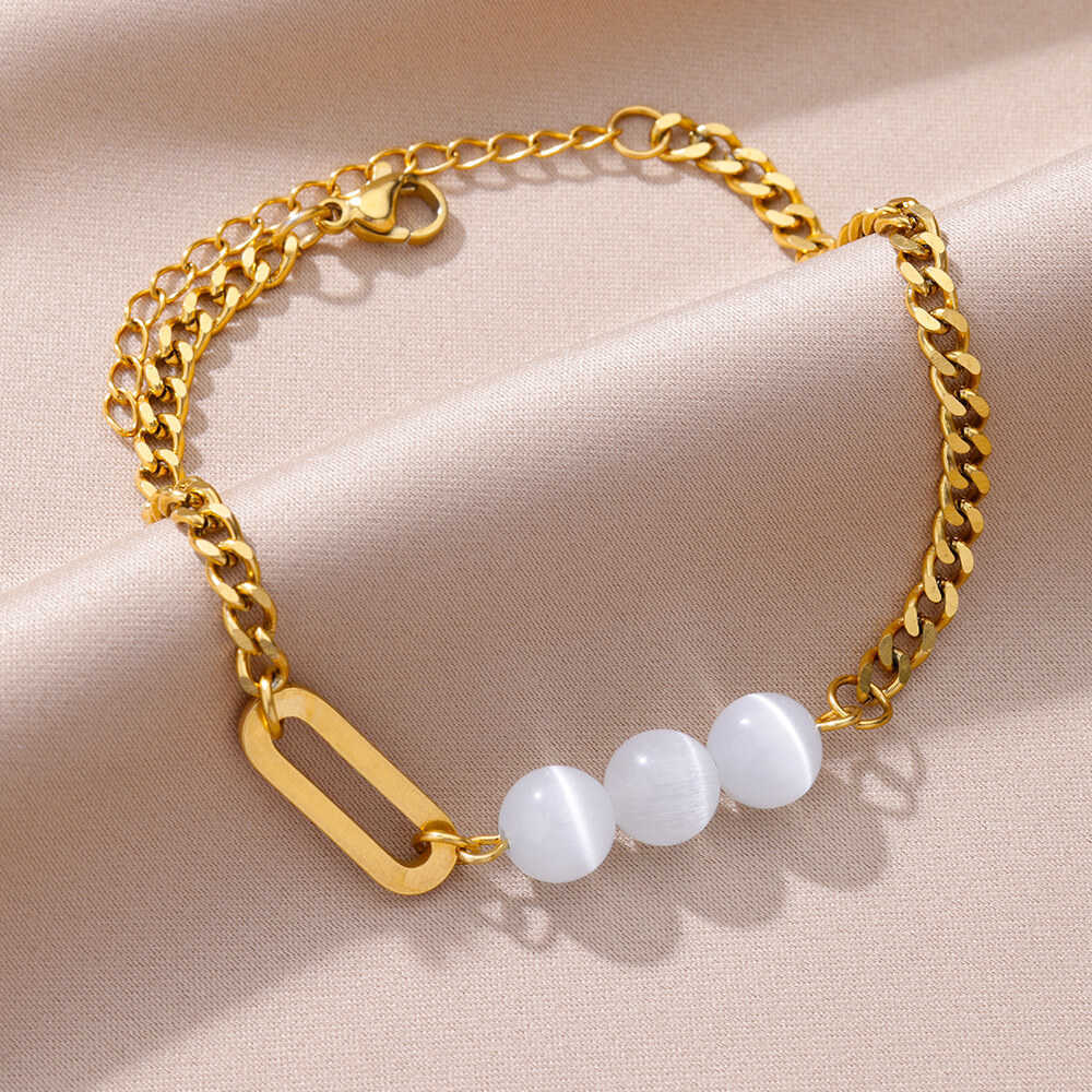 White Opal Ball Charm Anklets for Women Gold Color Stainless Steel Cuban Chain Ankle Bracelet Female Foot Jewelry 230719
