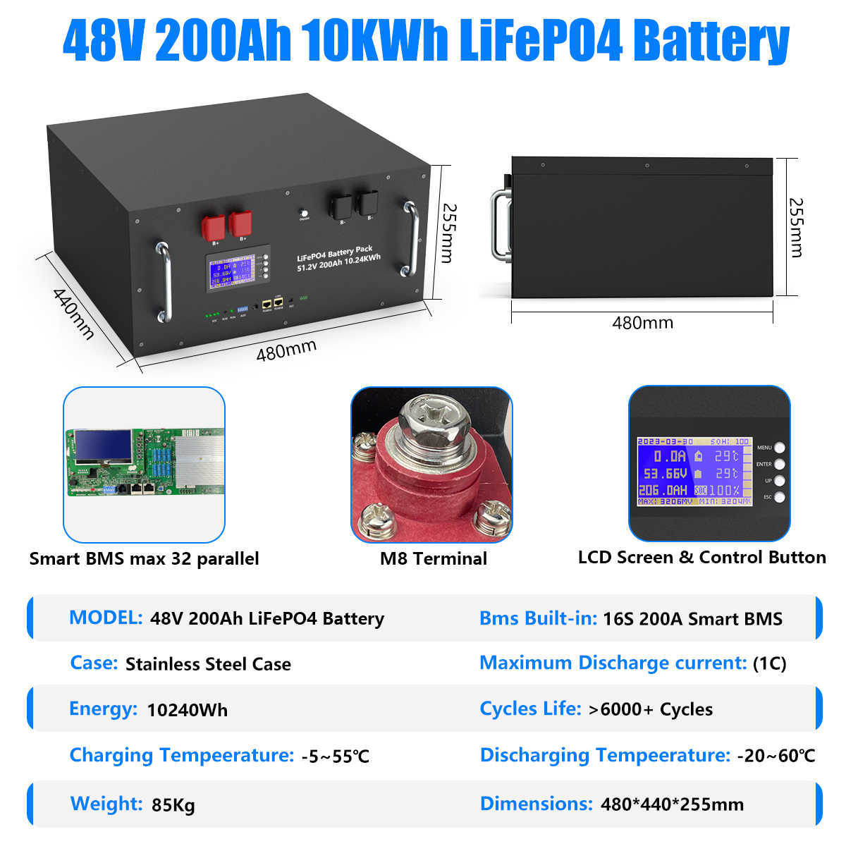 48V 200AH 100AH LiFePO4 batterie 51.2V 5KWH 10KWH batterie solaire au Lithium 6000 Cycle CAN/RS485 32 parallèle pour onduleur sans taxe