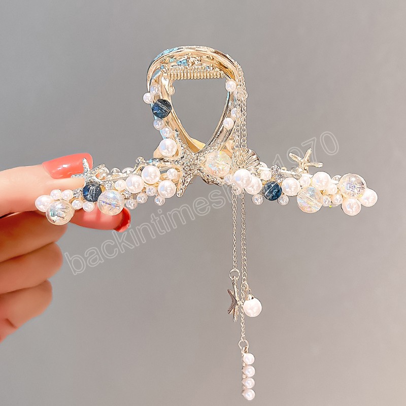 Women Starfish Pearl Tassel Hair Clip Shell Star Fringe Hair Claw Gold Cross Geometric Hairpin Alloy Hair Accessories