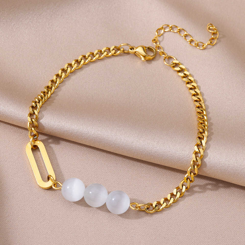 White Opal Ball Charm Anklets for Women Gold Color Stainless Steel Cuban Chain Ankle Bracelet Female Foot Jewelry 230719