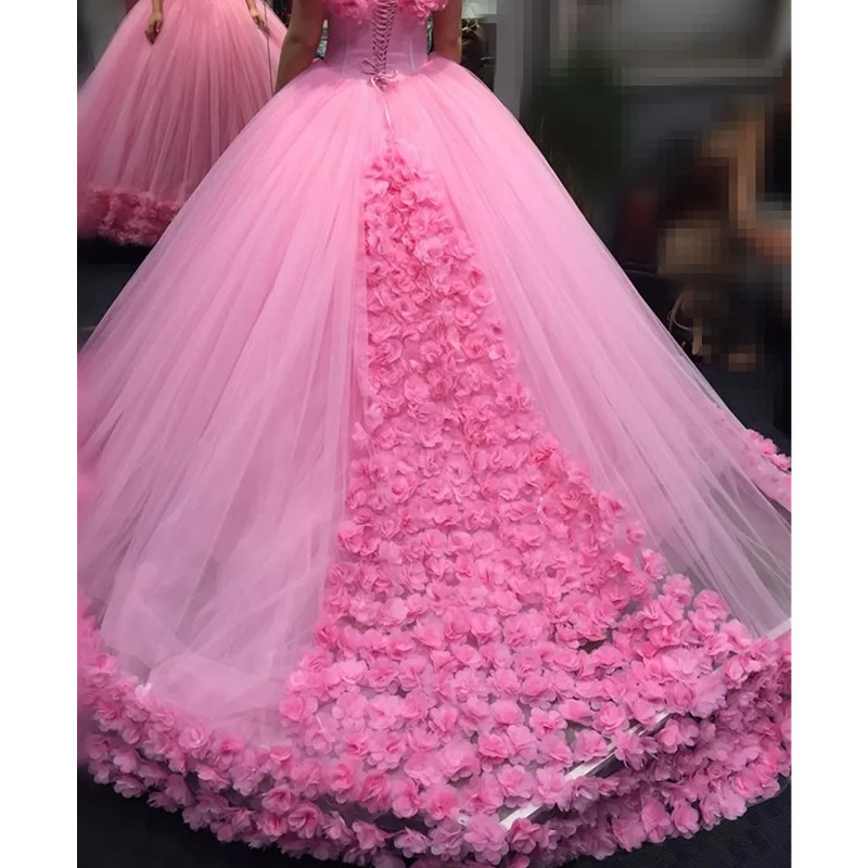 Pembe Quinceanera Elbiseler Gerçek Görüntüler Müşteri Gösteri Balo Kıyafetleri El Yapımı Çiçekler Omuzdan Çiçekler Tatlı 16 Elbise Tül Artı Beden Vestidos