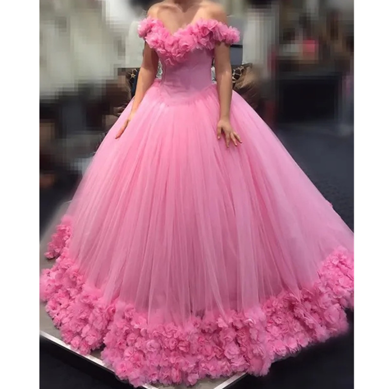 Pembe Quinceanera Elbiseler Gerçek Görüntüler Müşteri Gösteri Balo Kıyafetleri El Yapımı Çiçekler Omuzdan Çiçekler Tatlı 16 Elbise Tül Artı Beden Vestidos