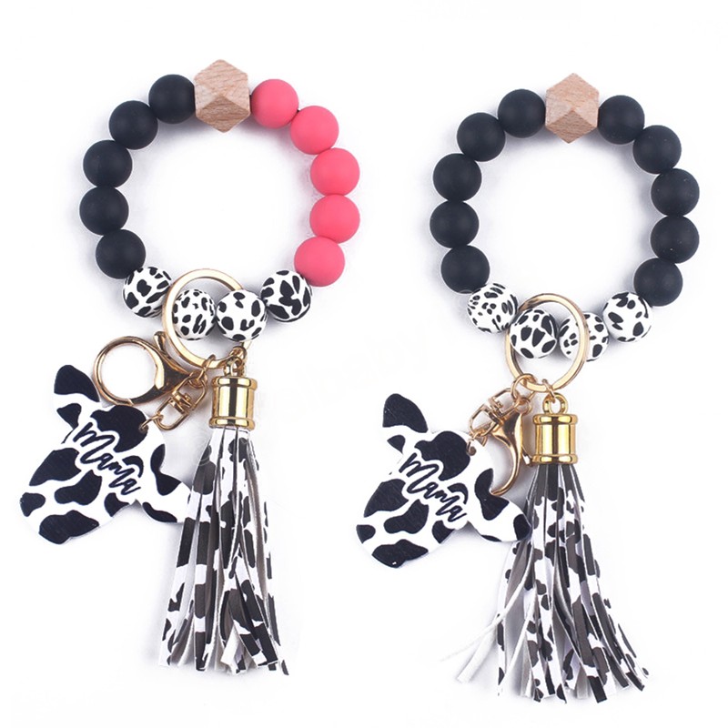 Luxurious Leopard Silicone Bracelet Car Keychain Contrasting Zebra Pattern Silk Smooth Tassel Wrist Keyring Women Bag Pendant