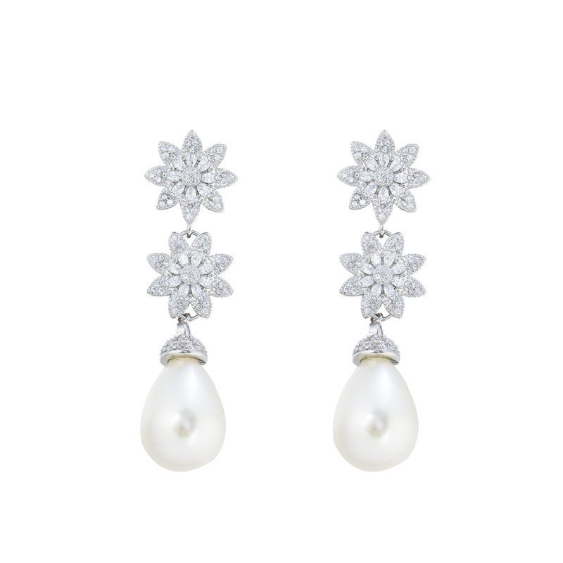 Urok kwiat imitacja Pearl Projektowanie kolczyka dla kobiety ślub luksusowy biały aaa sześcien cyrkonia kropla kolczyki diament