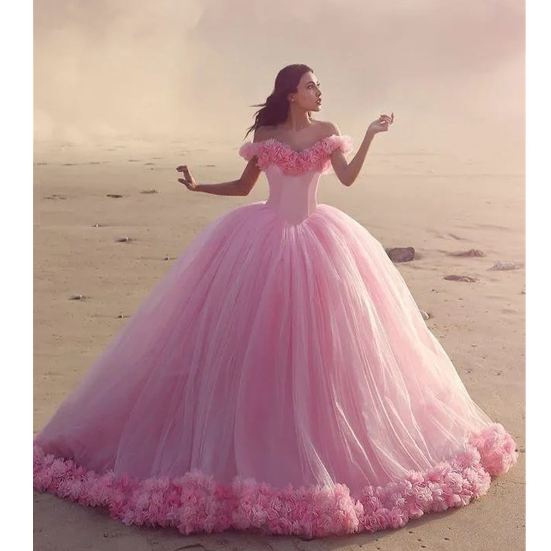 Rosa quinceanera klänningar riktiga bilder kundshow bollklänningar handgjorda blommor från axel rufs sweet 16 klänning tyll plus size vestidos