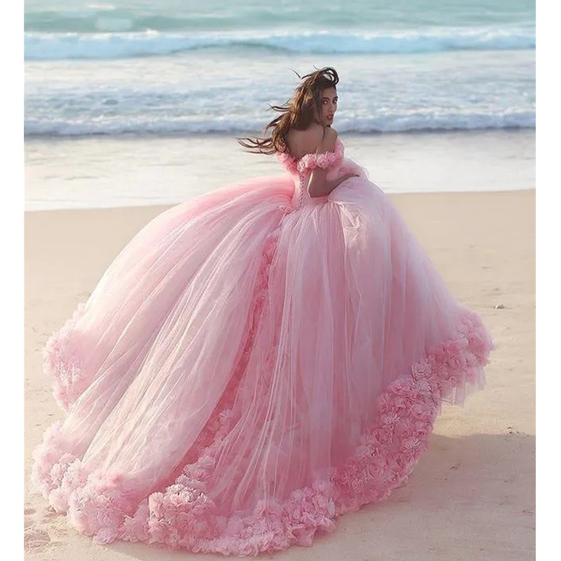 Pembe Quinceanera Elbiseler Gerçek Görüntüler Müşteri Gösteri Balo Kıyafetleri El Yapımı Çiçekler Omuzdan Çiçekler Tatlı 16 Elbise Tül Artı Beden Vestidos