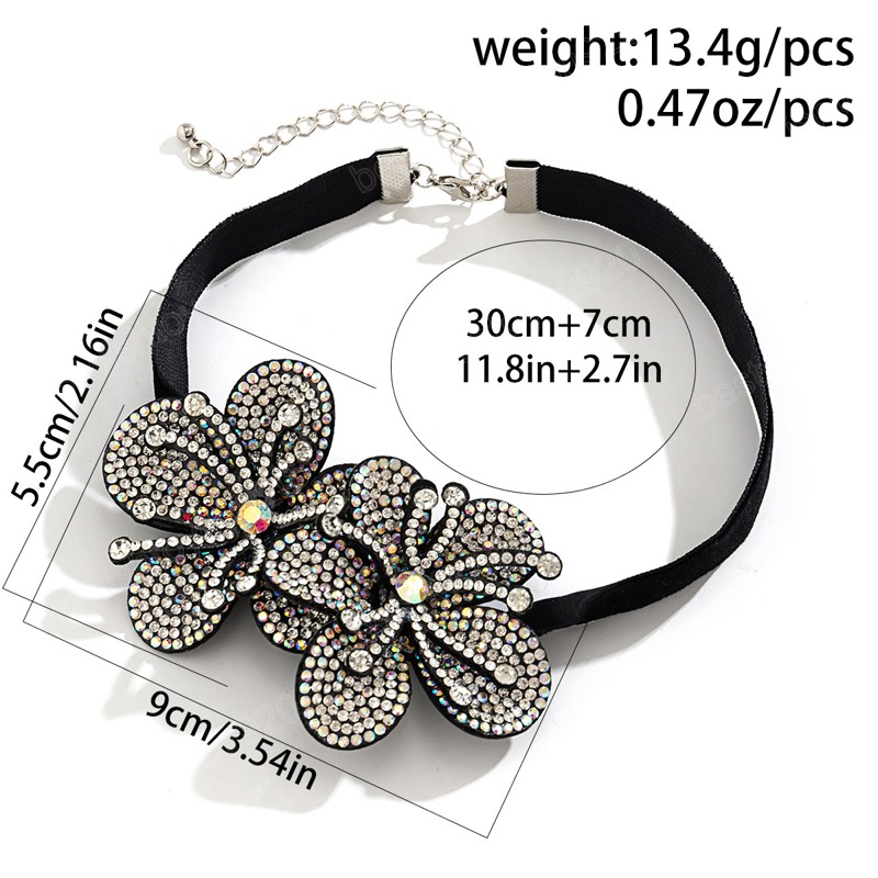 Élégant grand collier ras du cou fleur strass brillant pour les femmes mariage à la mode large collier flanelle sur le cou bijoux de mode