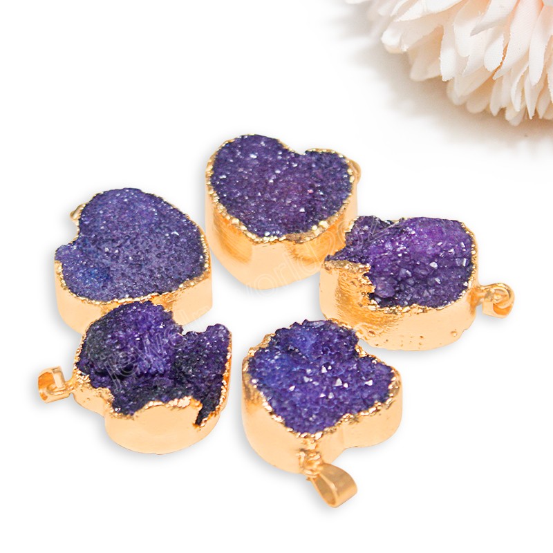 Colares com pingente em forma de coração de pedra druzy para mulheres meninas colar de cacho de cristal bruto reiki joias de cura com borda de ouro