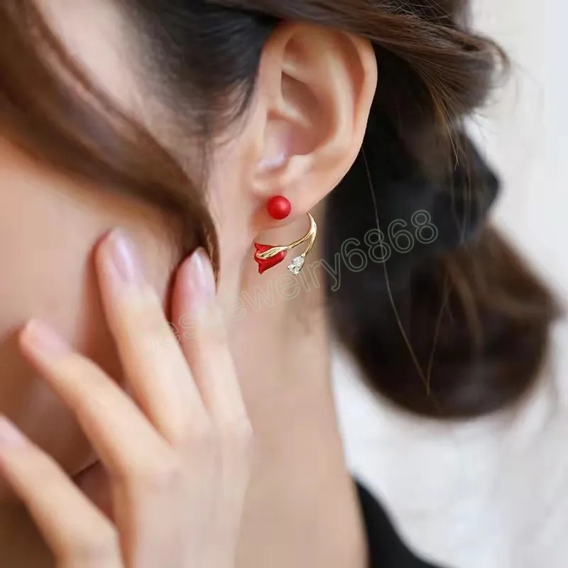 Korean Fashion Red Flower Imitation Pearl Stud Earrings for Women Elegant Zircon Lovely Earring Wedding Party Jewelry Gift Mujer