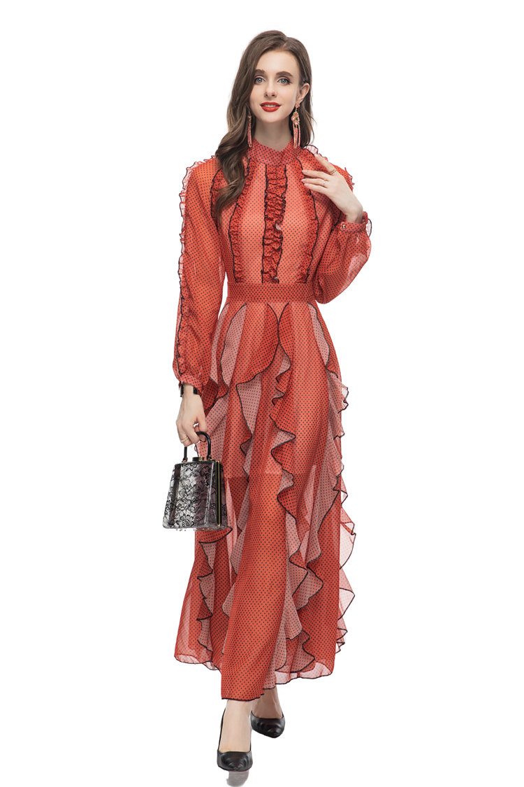 Robes de défilé pour femmes col rond manches longues à pois imprimés volants élégant mode Maxi Designer Vestidos