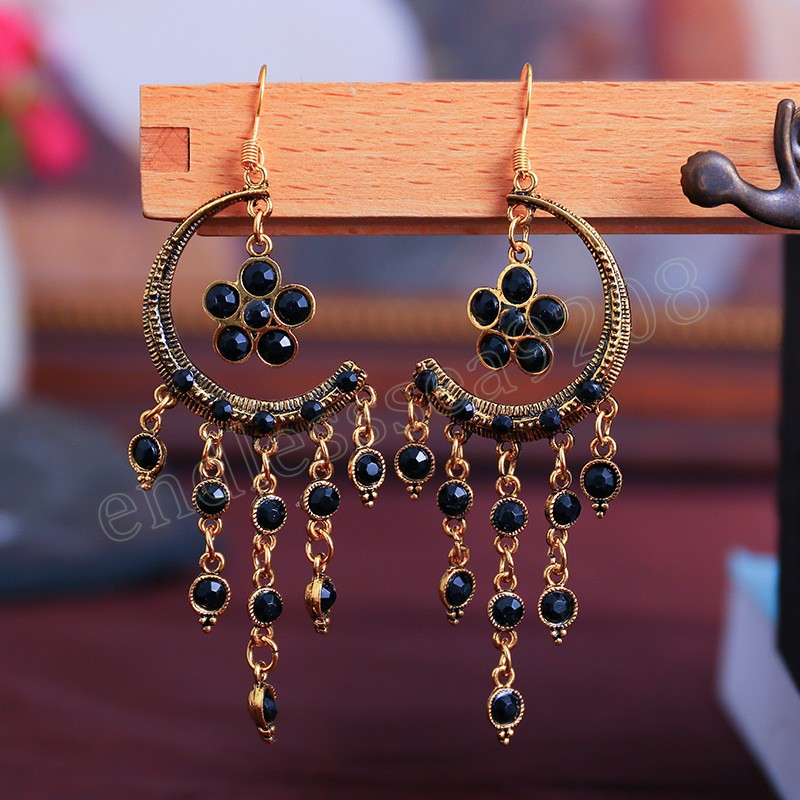 Orecchini pendenti con strass colorati lunghi etnici vintage le donne Gioielli con orecchini a forma di luna con fiore creativo color oro