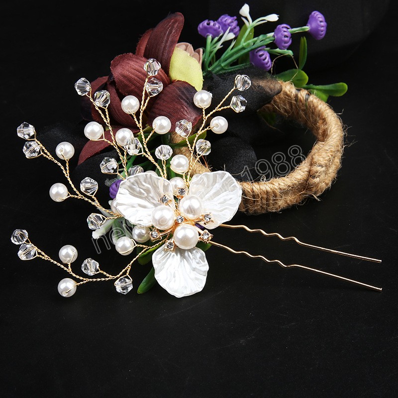 Bloemen Haarspeld Bruiloft Haaraccessoires Parel Insert Tiara Mode Bruid Hoofddeksels Gouden Noiva Haar Clip Vork Voor Vrouwen